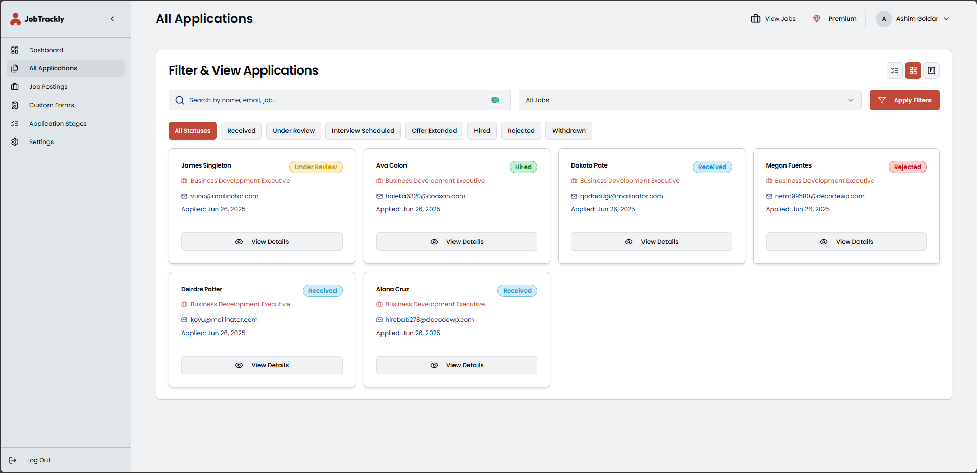 Application dashboard Application dashboard
