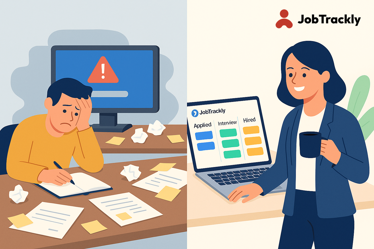 Side-by-side illustration of a frustrated recruiter in a cluttered workspace and a happy recruiter using JobTrackly in a clean, modern office environment. Highlights the contrast between outdated applicant tracking systems and JobTrackly’s user-friendly interface.