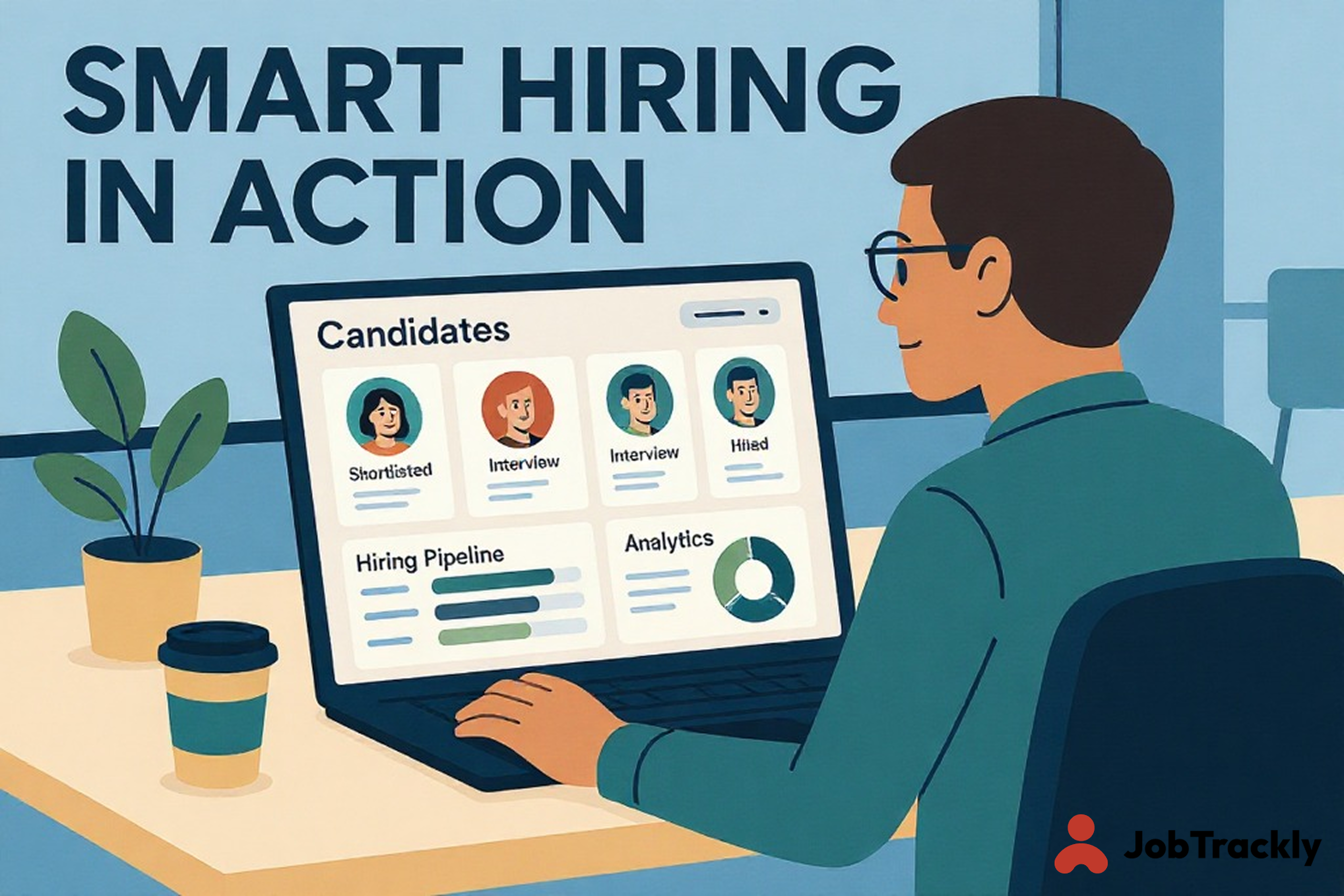 Illustration of a recruiter at a modern workspace viewing a digital dashboard displaying candidate profiles, hiring stages, and analytics on a computer screen. The design features a clean, tech-savvy layout in blue and green tones.