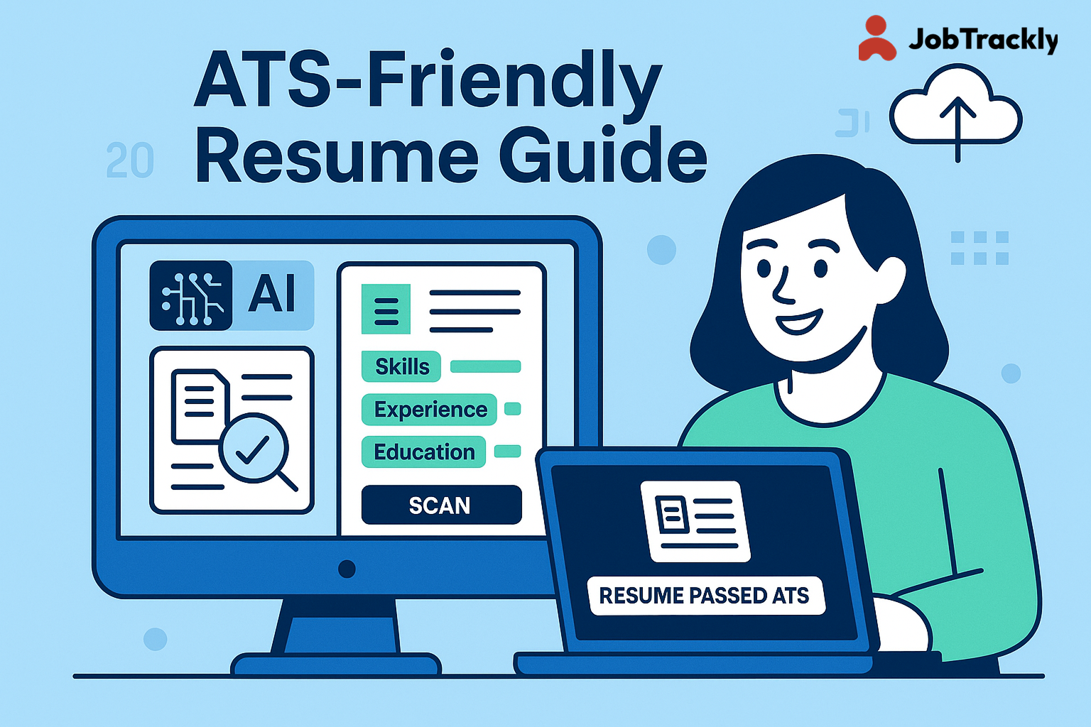 Infographic-style digital illustration showing a laptop screen with a clean, modern UI mockup labeled “ATS-Friendly Resume Guide,” symbolizing resume optimization for Applicant Tracking Systems in 2025.